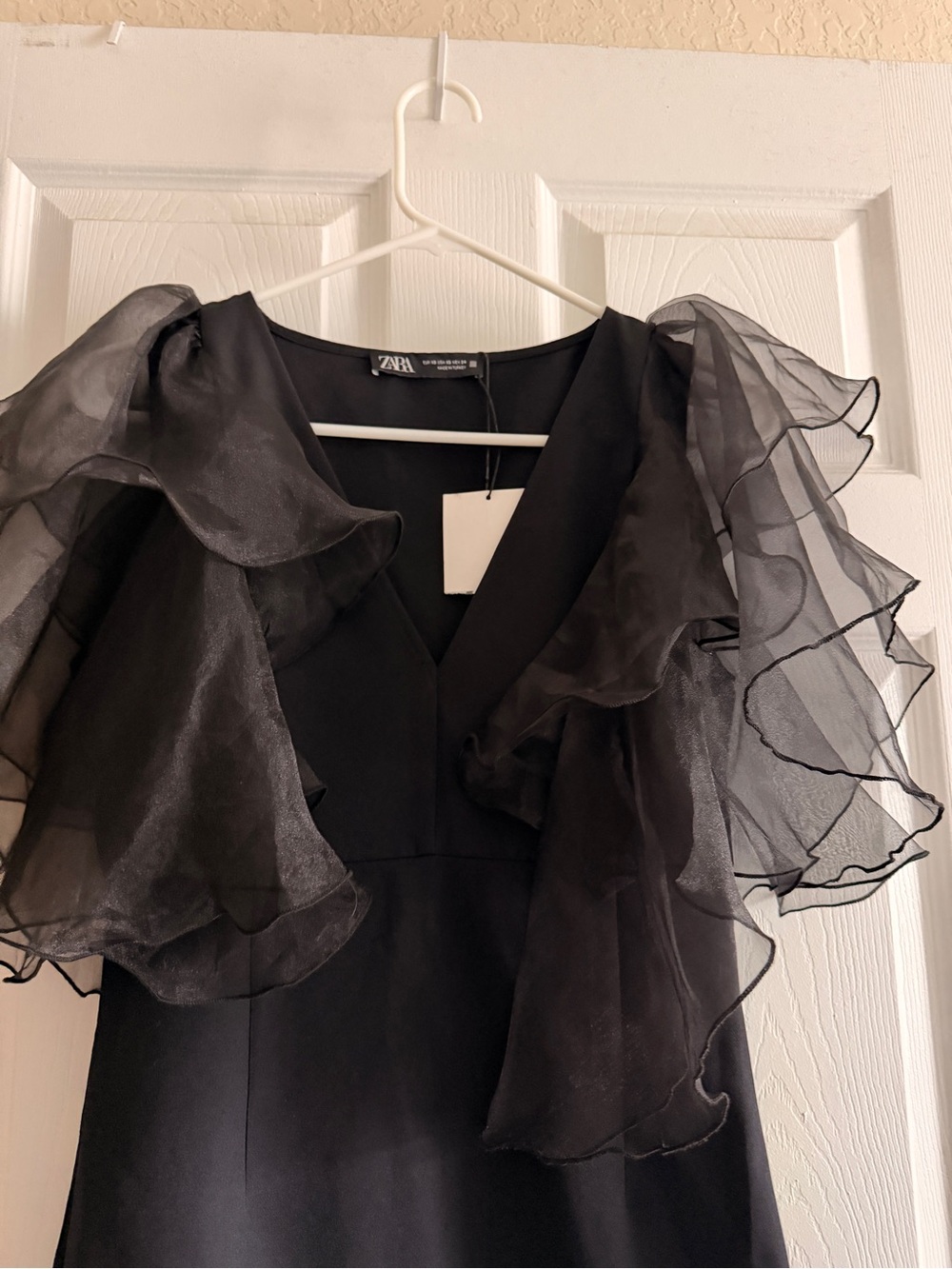 Zara Black Mini Dress with Layered Organza Ruffle Sleeves - Picture 2 of 6